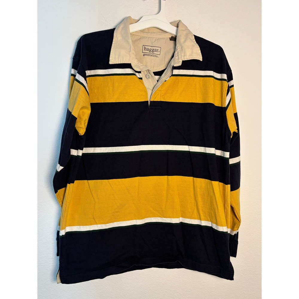 Haggar Generations Mens Rugby Shirt Long Sleeve Striped Navy Yellow‎ Cotton M